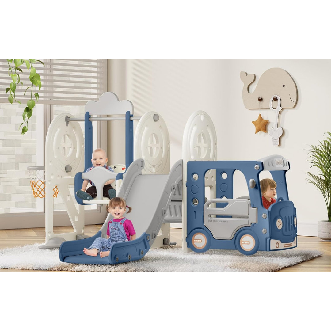 5 in 1 Toddler Slide, Kids Slide with Climber,Bus Playhouse and Swing Outdoor Indoor Slide Playset